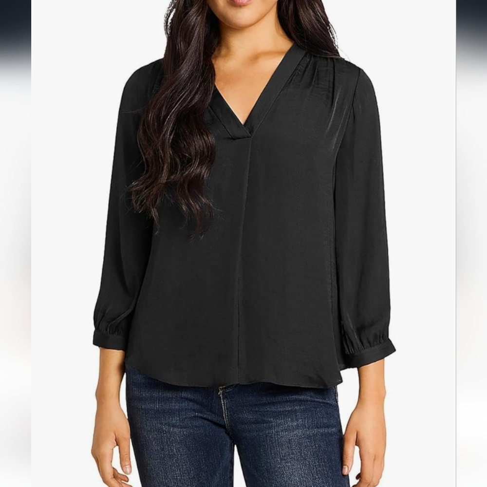 VINCE CAMUTO | Women's Rich Black 3/4 Sleeve V-Neck Rumple Blouse